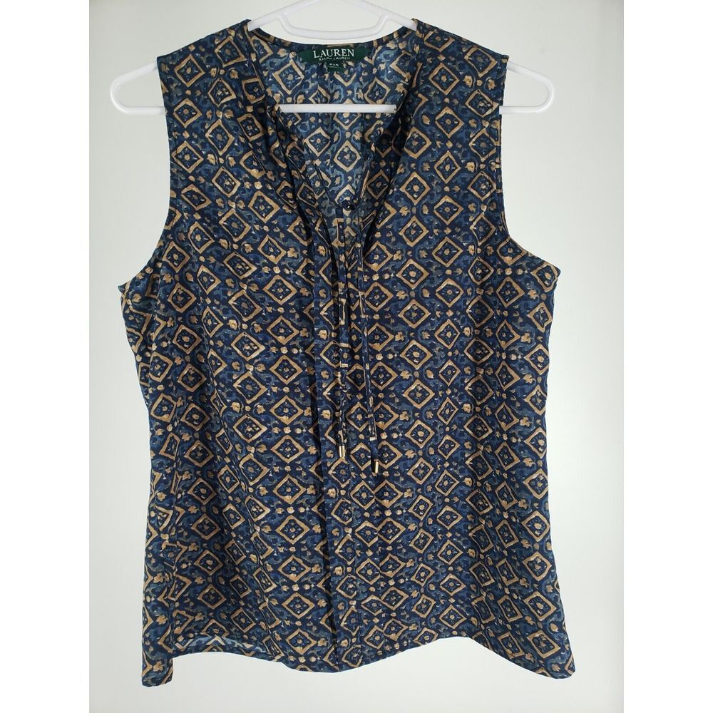 Lauren Ralph Lauren Sleeveless Shell Tank Top Blouse Tie Front Sz PXS Geometric - Picture 2 of 7